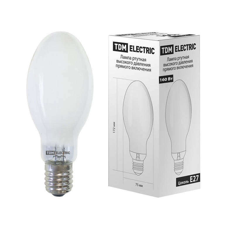 Лампа ртутная высокого давления E27, 160Вт, 230В, L/d=172/75мм (ДРВ)