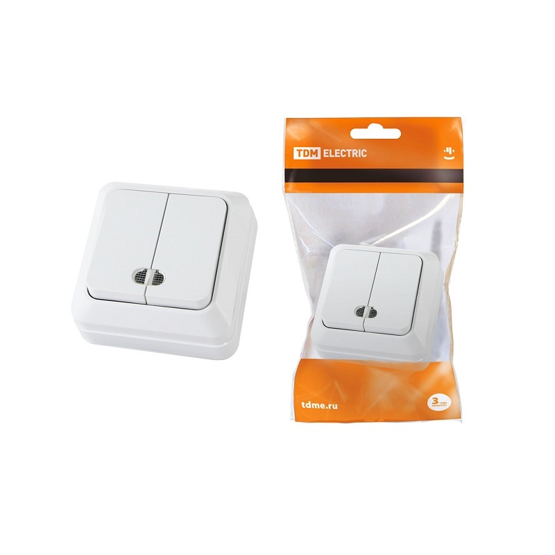 Выключатель о/у Ладога SQ1801-0007, 2 клавиши, с/инд, белый