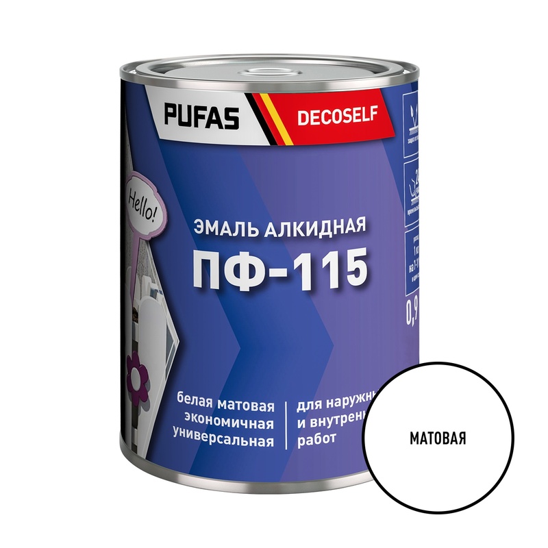 Эмаль Pufas Decoself ПФ-115 белая матовая (0,9 кг)